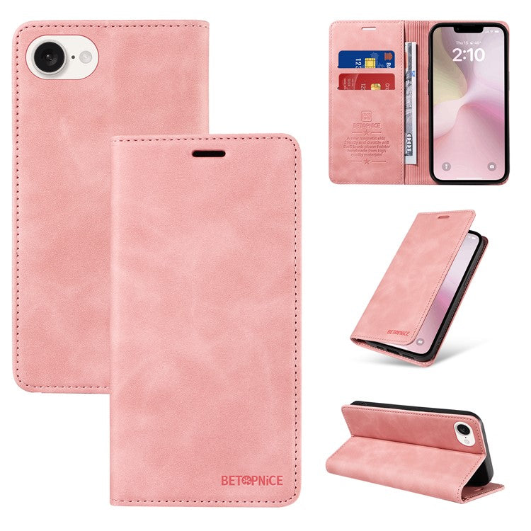 BETOPNICE 003 For iPhone 16e Wallet Case RFID Blocking Leather+TPU Shockproof Phone Shell - Pink