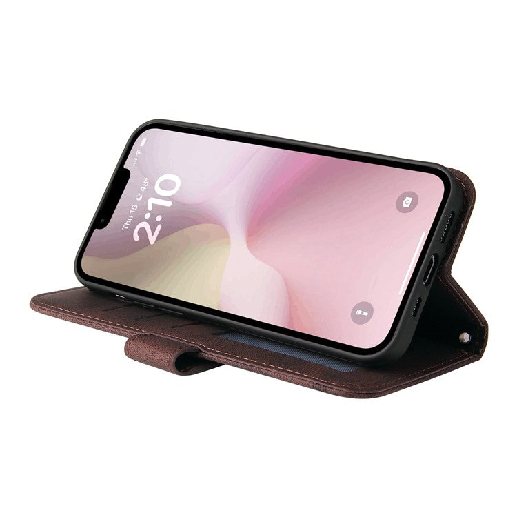 For iPhone 16e Case Magnetic Clasp Folio Flip Stand Leather+TPU Phone Cover - Brown