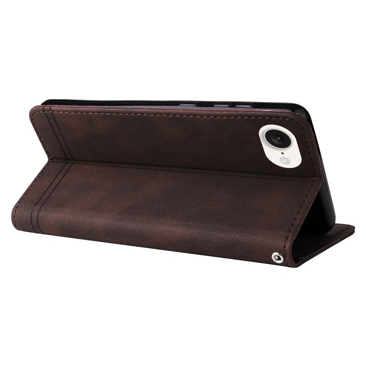 For iPhone 16e Case Magnetic Clasp Folio Flip Stand Leather+TPU Phone Cover - Brown