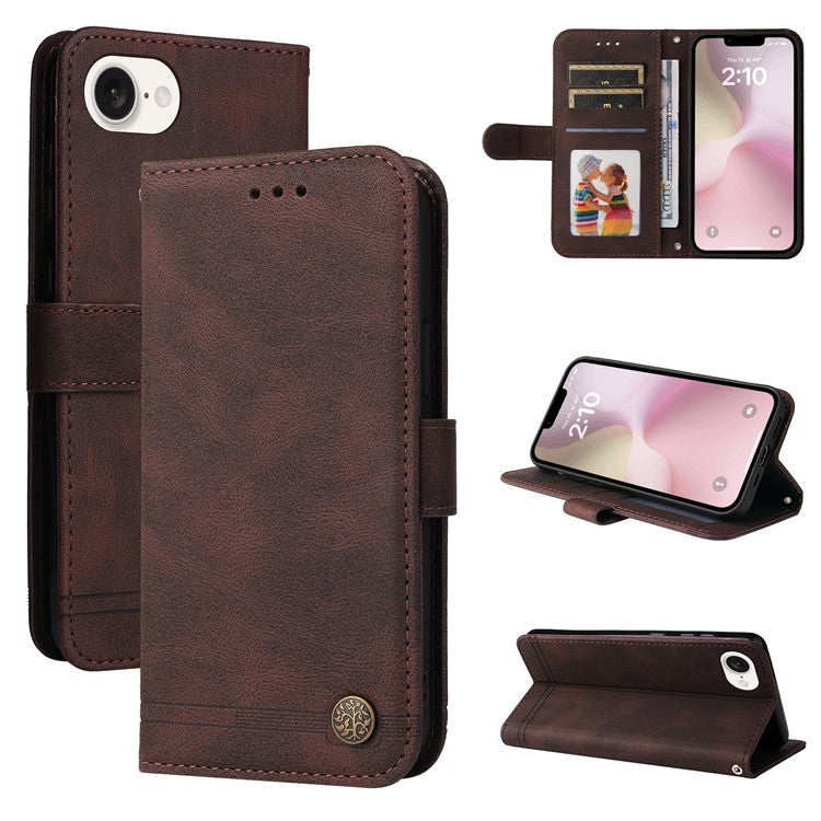 For iPhone 16e Case Magnetic Clasp Folio Flip Stand Leather+TPU Phone Cover - Brown