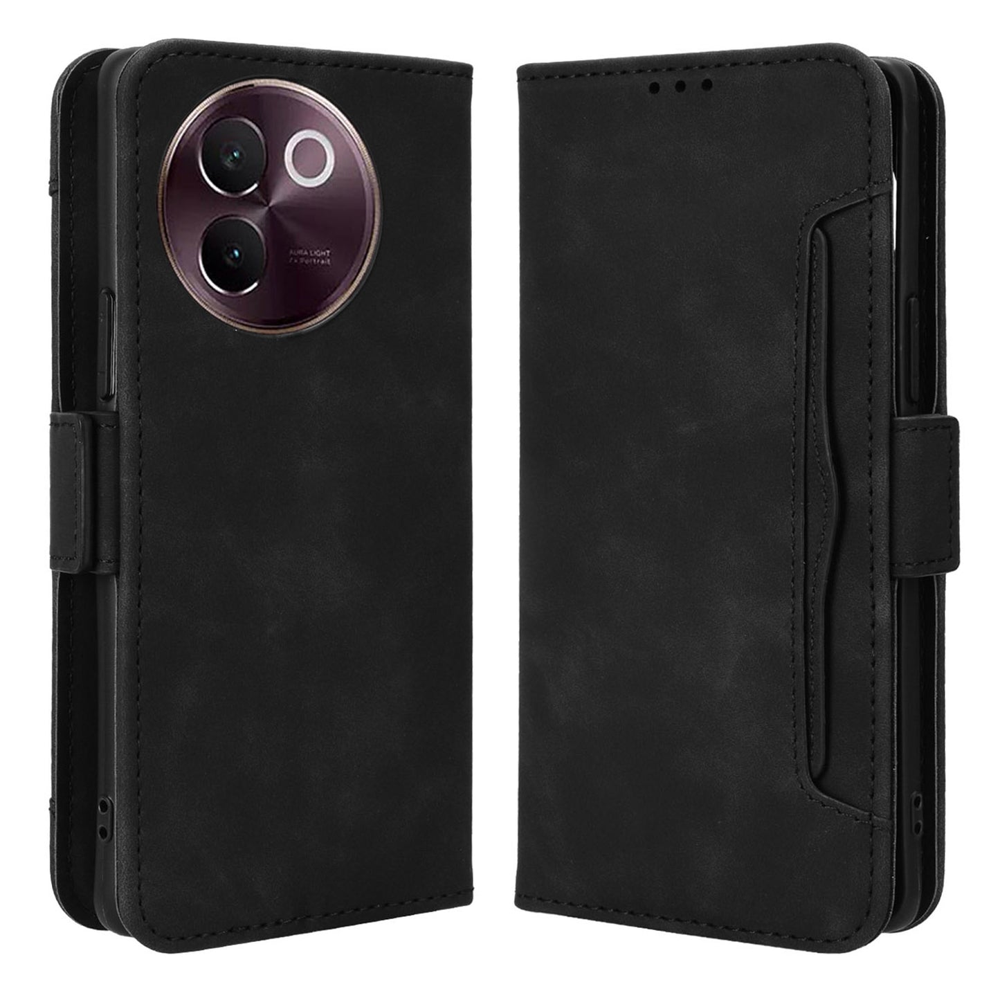 For vivo V30e 5G / V40 Lite 5G Case PU Leather Flip Folio Phone Cover with Multiple Card Holders - Black