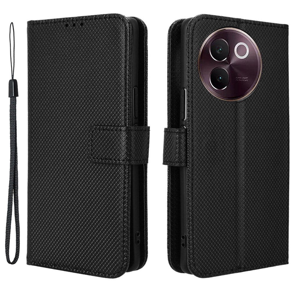 For vivo V30e 5G / V40 Lite 5G Wallet Case Diamond Texture PU Leather TPU Protective Phone Cover - Black