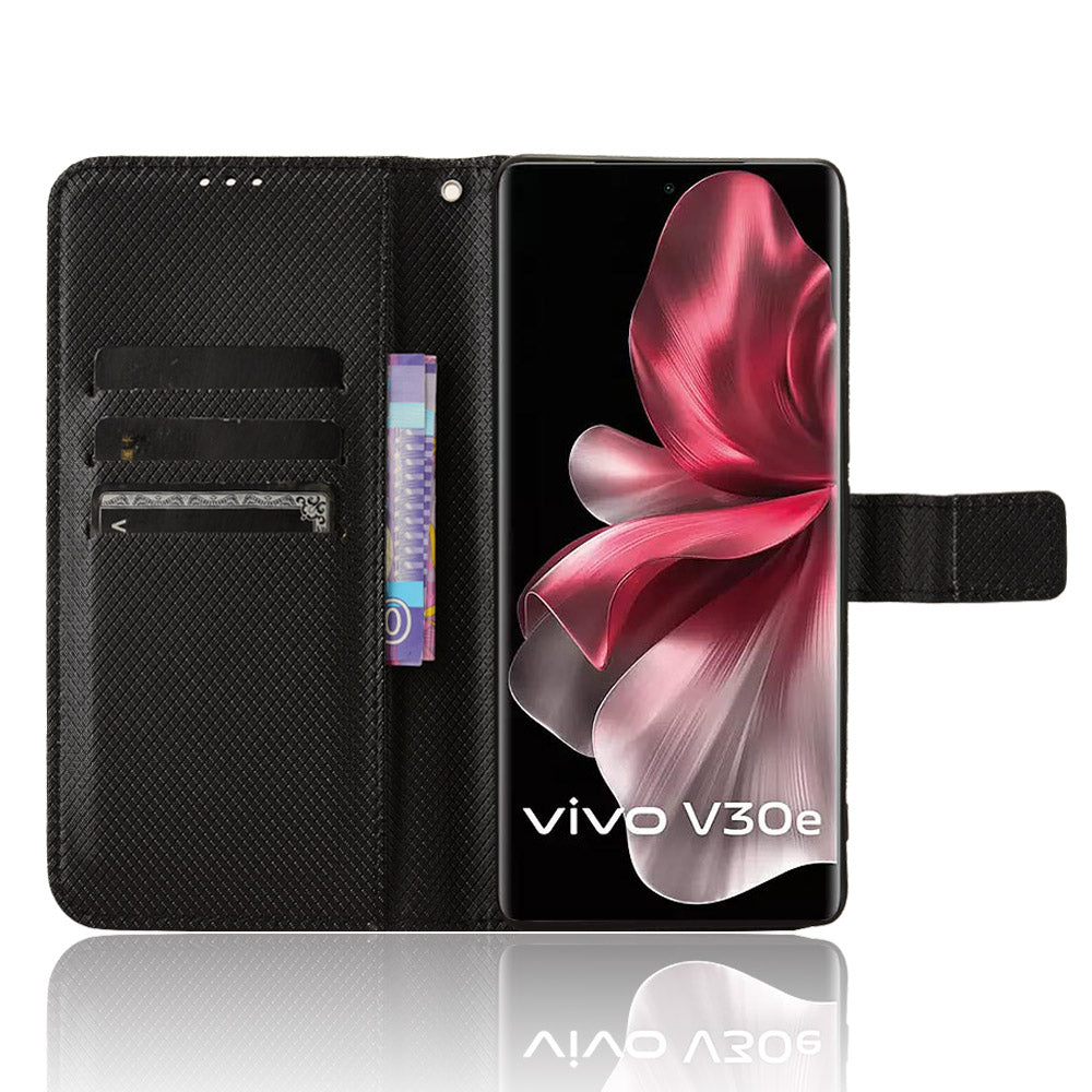 For vivo V30e 5G / V40 Lite 5G Wallet Case Diamond Texture PU Leather TPU Protective Phone Cover - Black