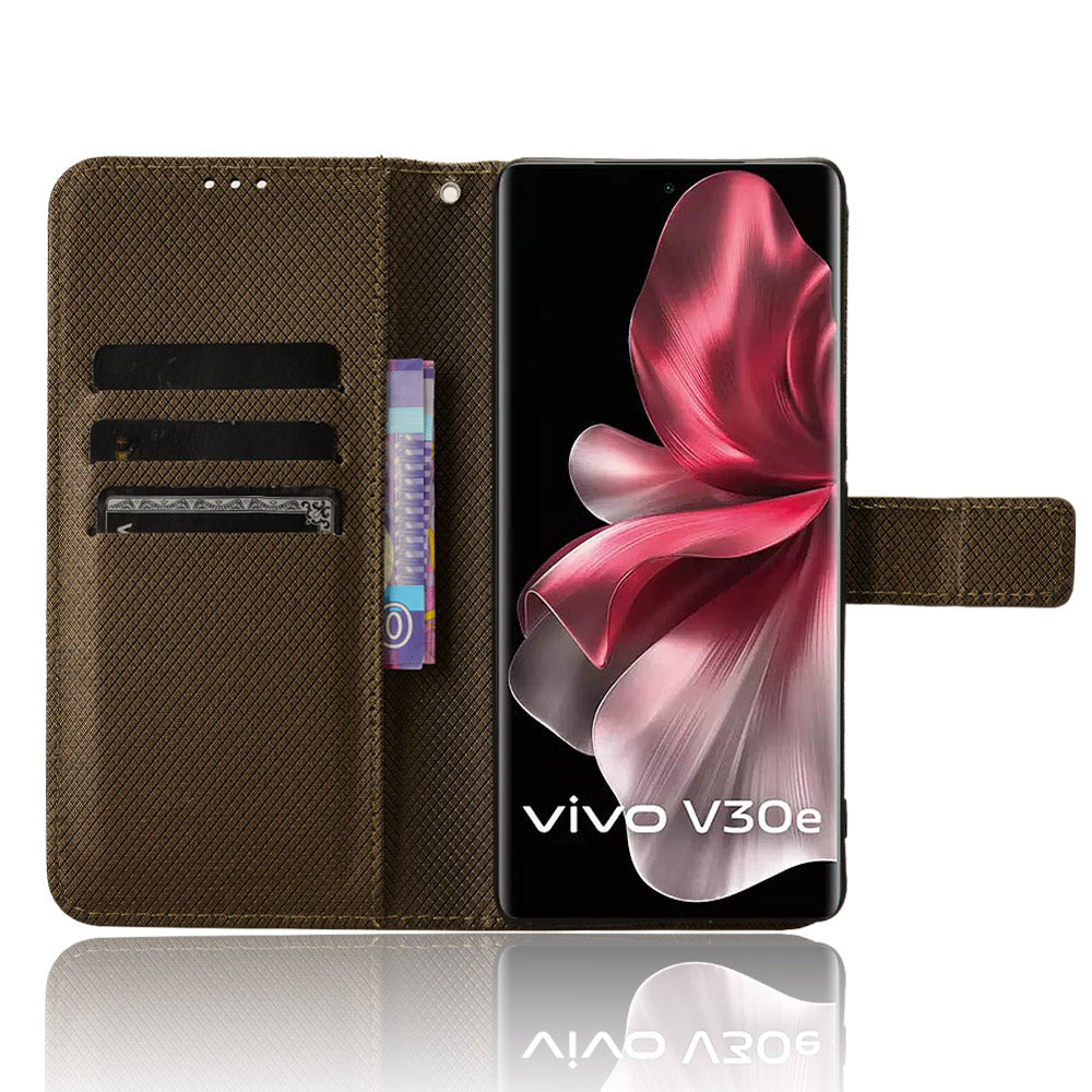 For vivo V30e 5G / V40 Lite 5G Wallet Case Diamond Texture PU Leather TPU Protective Phone Cover - Brown