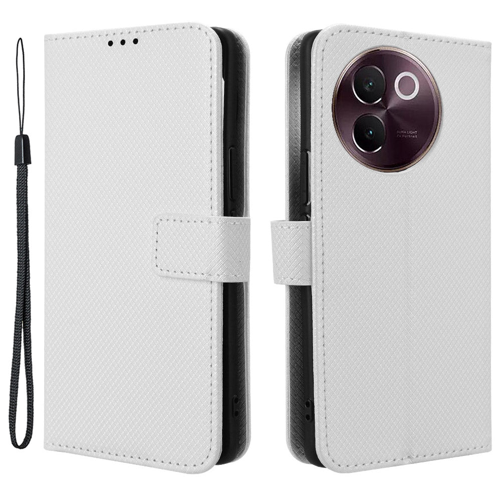 For vivo V30e 5G / V40 Lite 5G Wallet Case Diamond Texture PU Leather TPU Protective Phone Cover - White