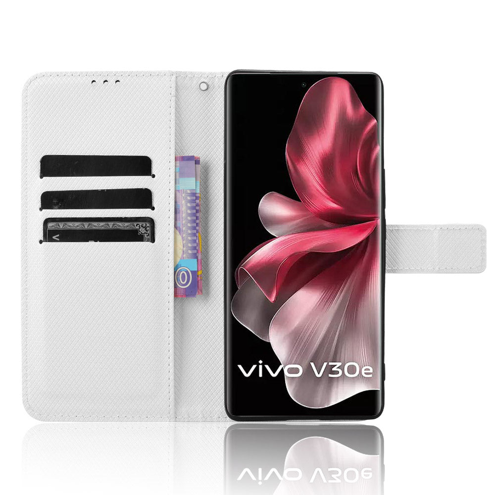 For vivo V30e 5G / V40 Lite 5G Wallet Case Diamond Texture PU Leather TPU Protective Phone Cover - White