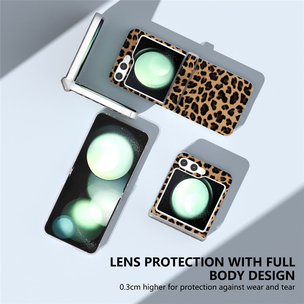 For Samsung Galaxy Z Flip7 FE 5G / Z Flip6 5G Case Clear Matte Edge Leopard Print Texture Leather+PC Phone Cover - Champagne Gold