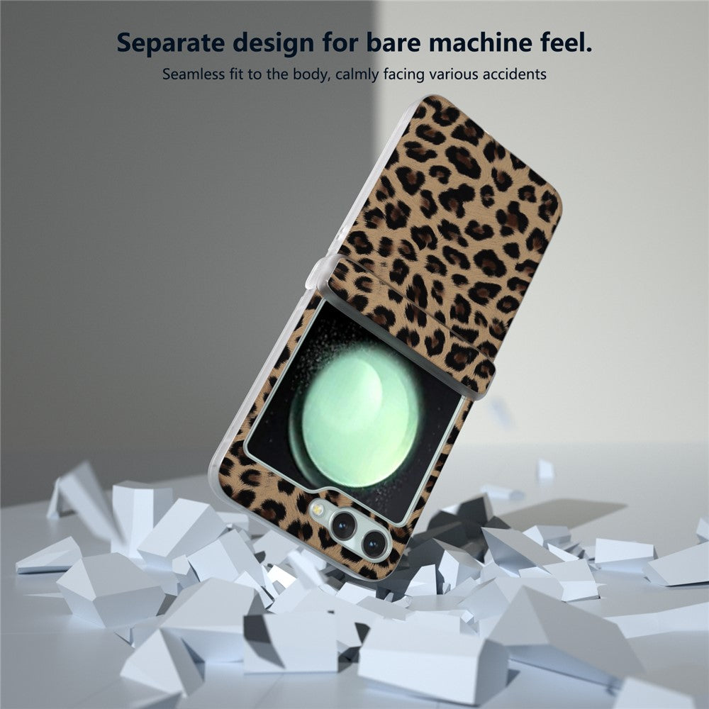 For Samsung Galaxy Z Flip7 FE 5G / Z Flip6 5G Case Clear Matte Edge Leopard Print Texture Leather+PC Phone Cover - Champagne Gold