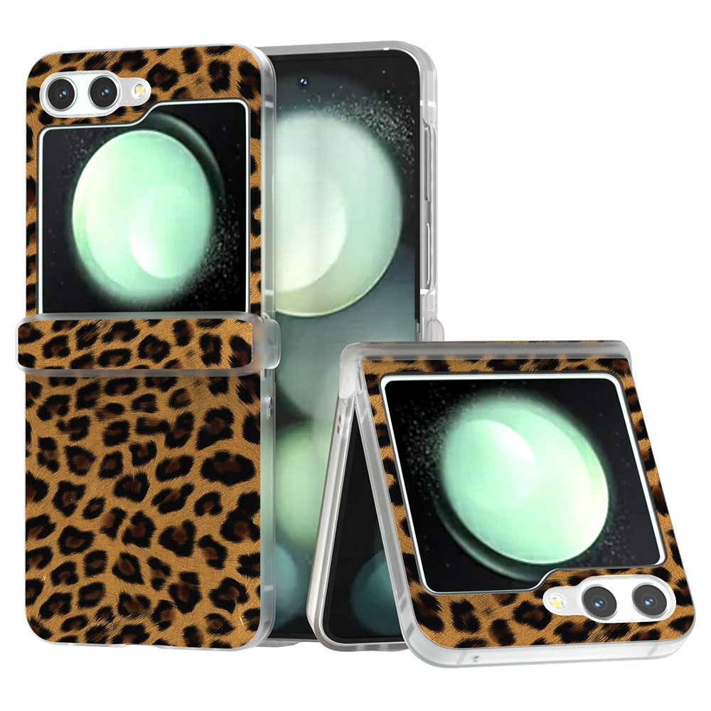 For Samsung Galaxy Z Flip7 FE 5G / Z Flip6 5G Case Clear Matte Edge Leopard Print Texture Leather+PC Phone Cover - Gold