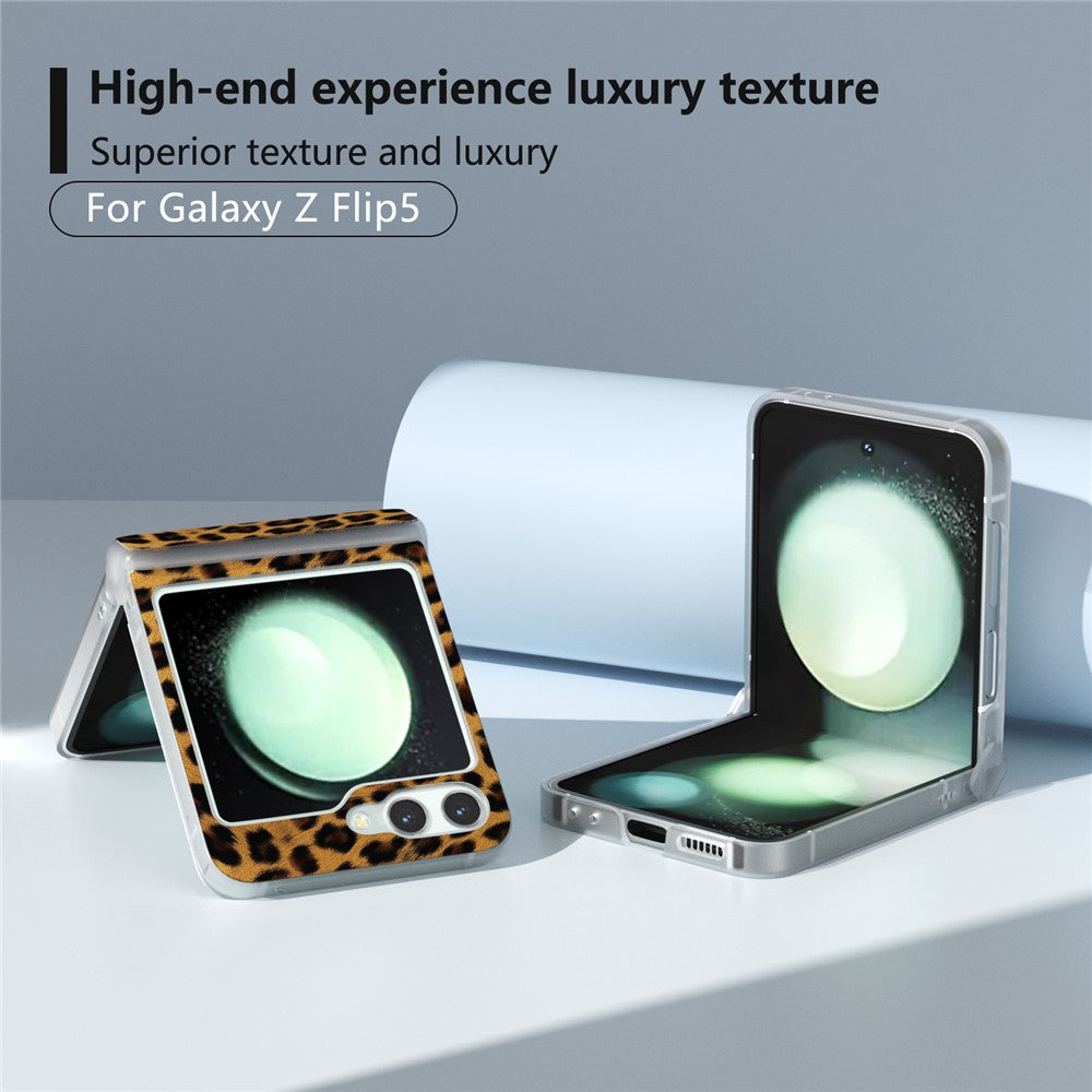 For Samsung Galaxy Z Flip7 FE 5G / Z Flip6 5G Case Clear Matte Edge Leopard Print Texture Leather+PC Phone Cover - Gold