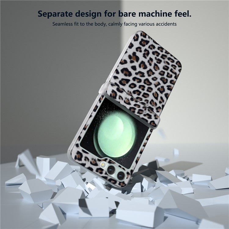 For Samsung Galaxy Z Flip5 5G Back Case Leopard Print Texture Leather+PC Clear Matte Edge Cover - Silver