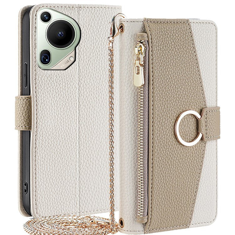 For Huawei Pura 70 Ultra Stand Case Zipper Wallet Magnetic Phone Cover with Mirror Function - White