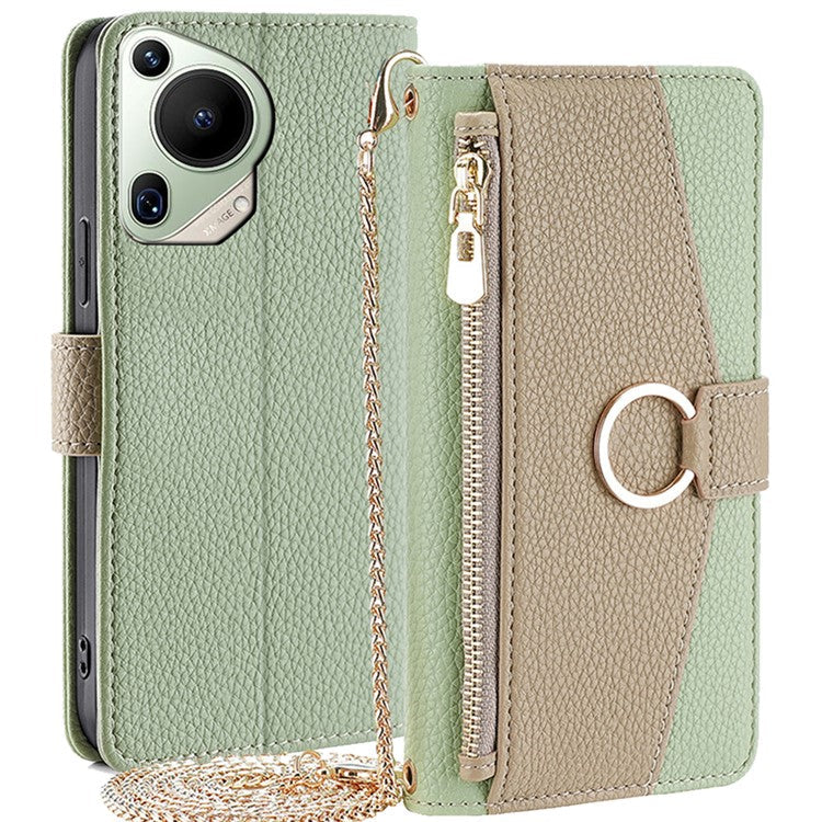 For Huawei Pura 70 Ultra Stand Case Zipper Wallet Magnetic Phone Cover with Mirror Function - Green