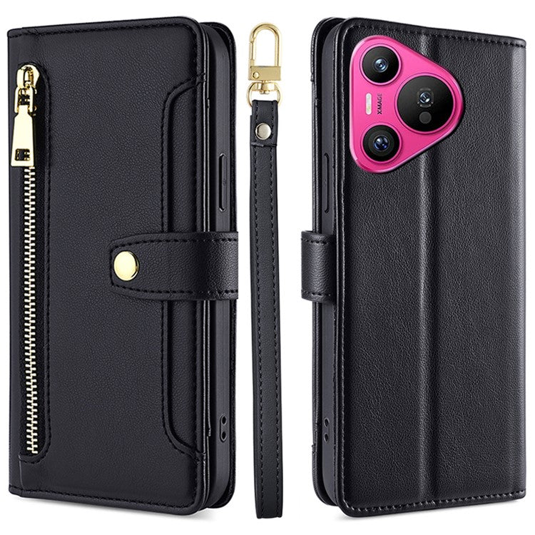 For Huawei Pura 70 Case PU Leather Zipper Flip Phone Cover with 6 Card Slots - Black