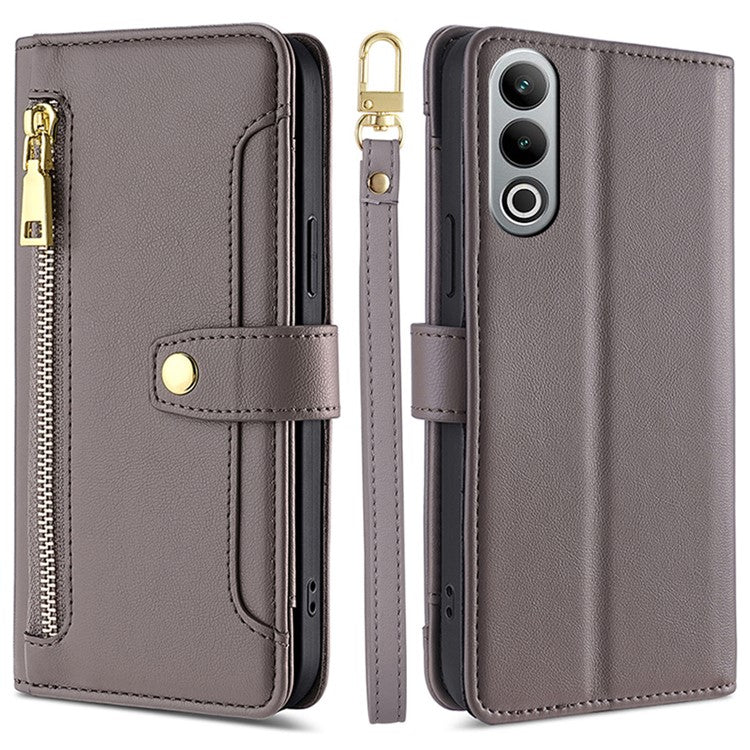 For OnePlus Nord CE4 5G Case Shock-Absorbent Leather Phone Cover with Zipper Wallet - Grey