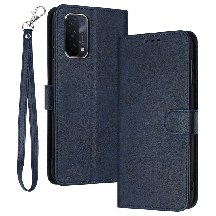 For Oppo A74 5G / A93 5G / A54 5G Case Anti-Scratch Leather Wallet Protective Cover Calf Texture Phone Shell - Sapphire