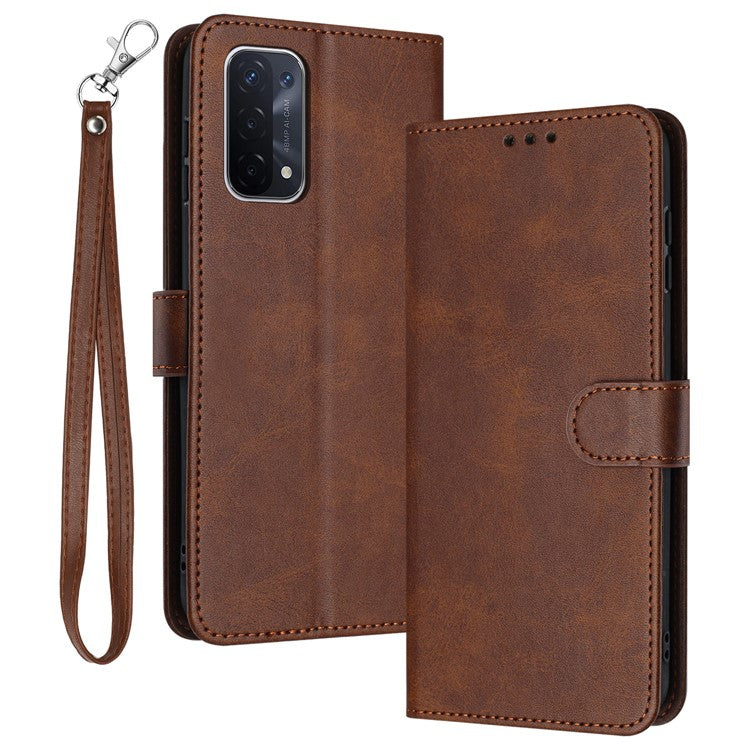 For Oppo A74 5G / A93 5G / A54 5G Case Anti-Scratch Leather Wallet Protective Cover Calf Texture Phone Shell - Brown