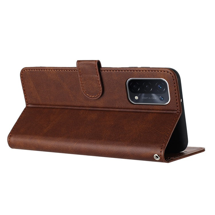 For Oppo A74 5G / A93 5G / A54 5G Case Anti-Scratch Leather Wallet Protective Cover Calf Texture Phone Shell - Brown