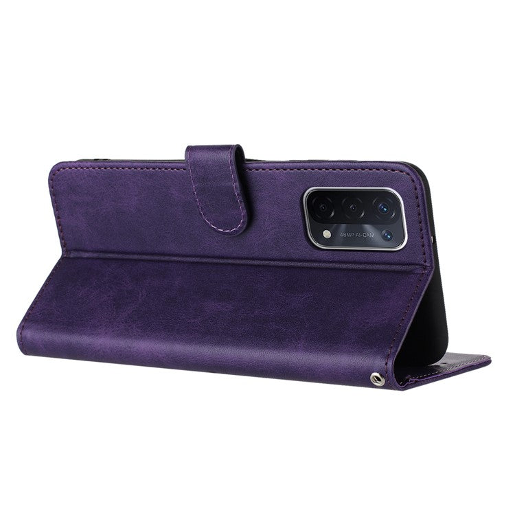 For Oppo A74 5G / A93 5G / A54 5G Case Anti-Scratch Leather Wallet Protective Cover Calf Texture Phone Shell - Purple