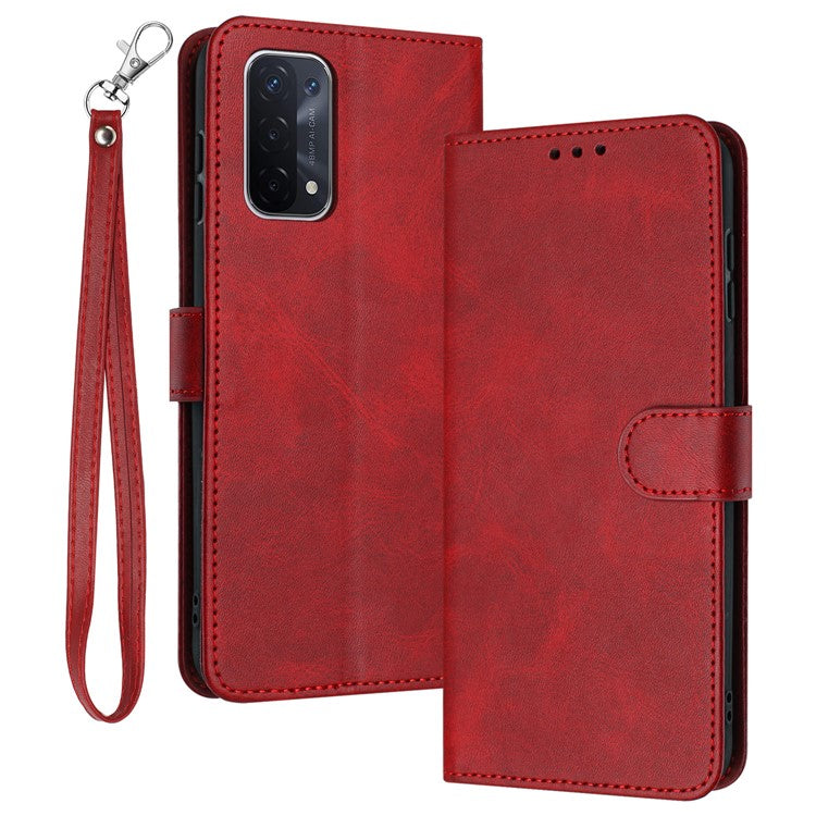 For Oppo A74 5G / A93 5G / A54 5G Case Anti-Scratch Leather Wallet Protective Cover Calf Texture Phone Shell - Red