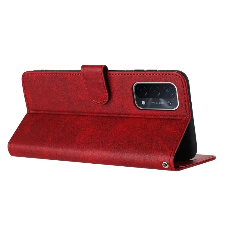 For Oppo A74 5G / A93 5G / A54 5G Case Anti-Scratch Leather Wallet Protective Cover Calf Texture Phone Shell - Red