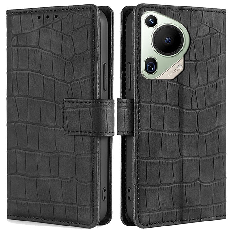 For Huawei Pura 70 Ultra Case Magnetic Clasp Crocodile Texture Leather Cover - Black