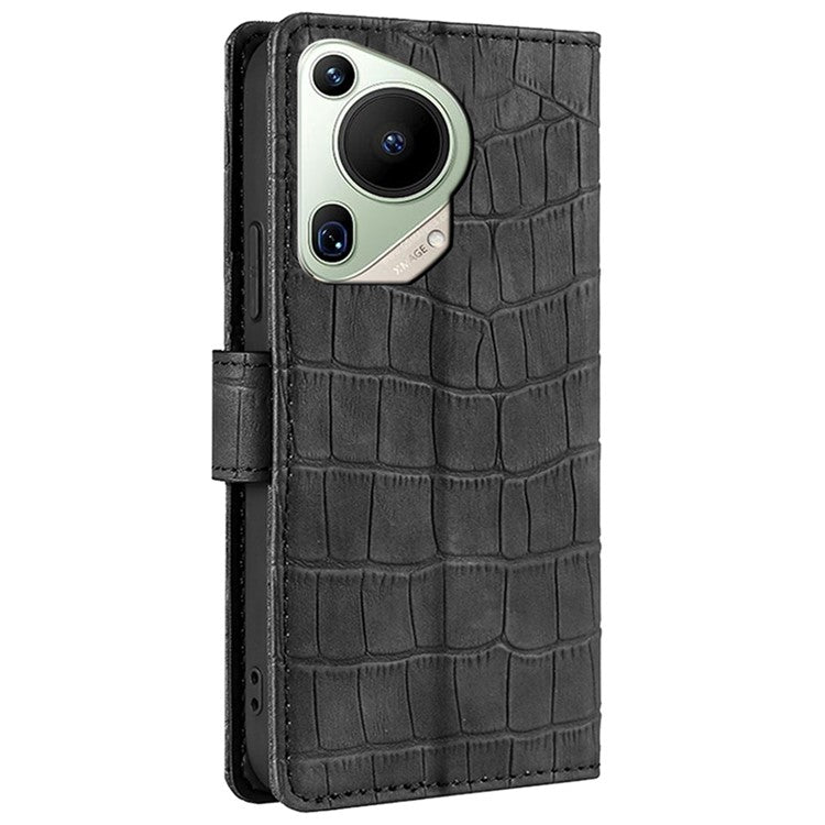 For Huawei Pura 70 Ultra Case Magnetic Clasp Crocodile Texture Leather Cover - Black