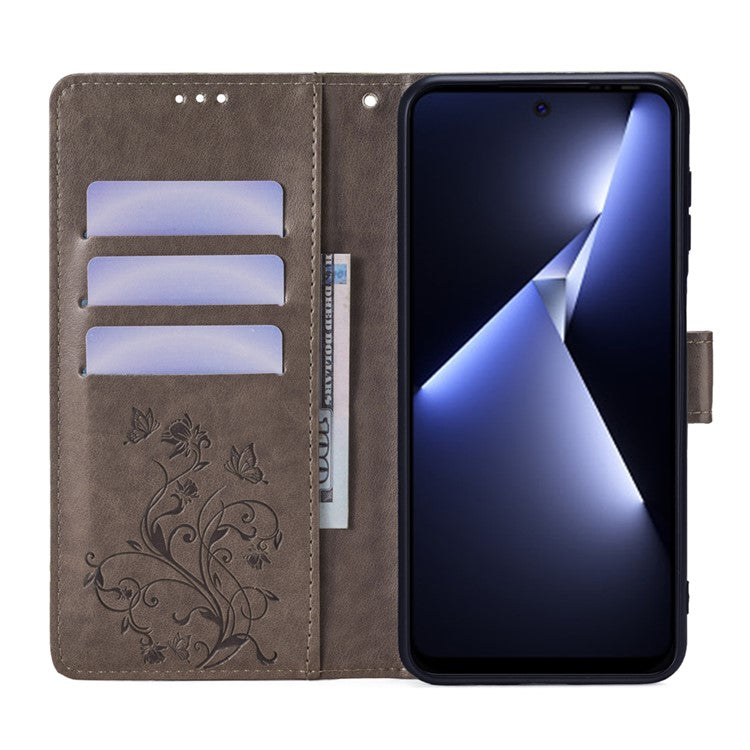 For TECNO Pova 5 Pro 5G Wallet Protective Case PU Leather Butterfly Flower Magnetic Flip Cover - Grey