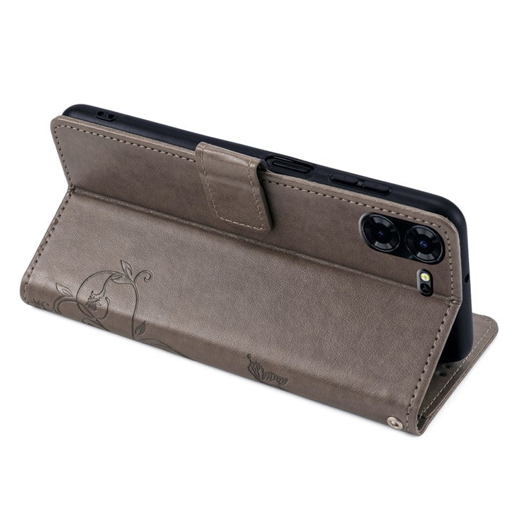 For TECNO Pova 5 Pro 5G Wallet Protective Case PU Leather Butterfly Flower Magnetic Flip Cover - Grey