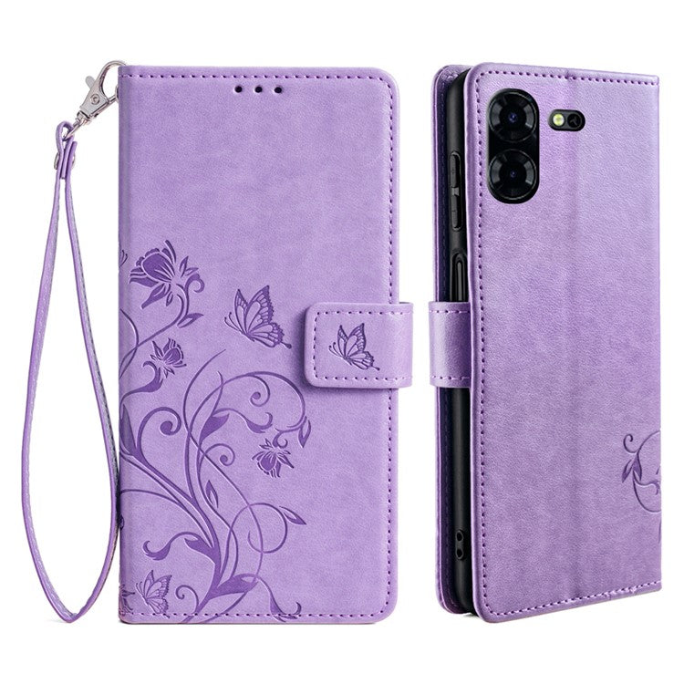 For TECNO Pova 5 Pro 5G Wallet Protective Case PU Leather Butterfly Flower Magnetic Flip Cover - Purple