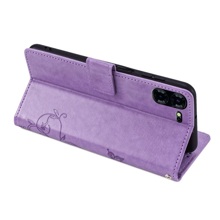 For TECNO Pova 5 Pro 5G Wallet Protective Case PU Leather Butterfly Flower Magnetic Flip Cover - Purple