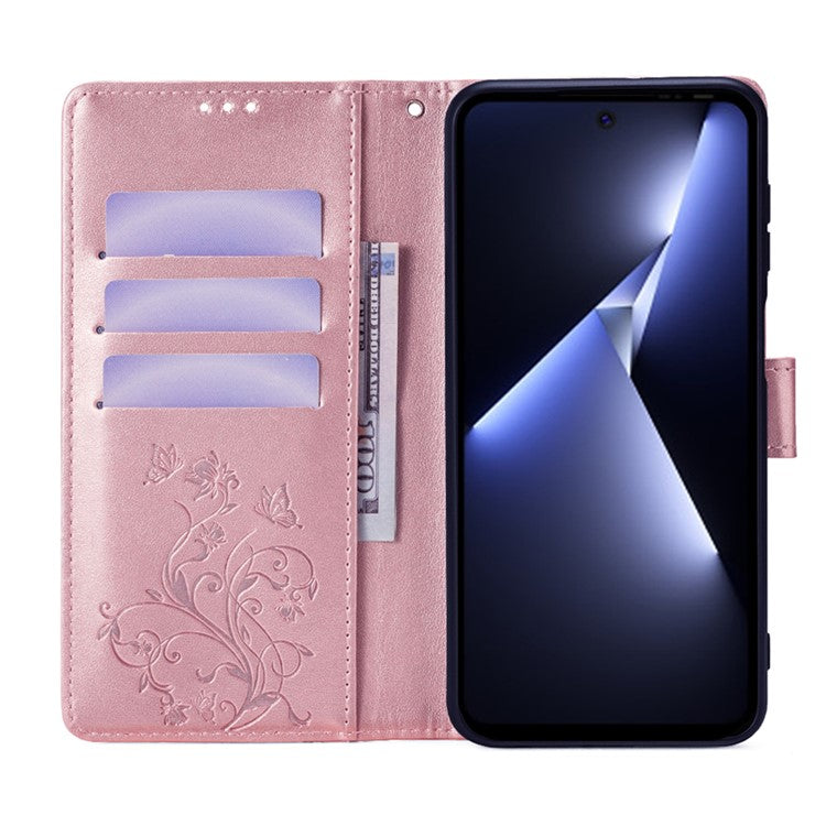 For TECNO Pova 5 Pro 5G Wallet Protective Case PU Leather Butterfly Flower Magnetic Flip Cover - Rose Gold