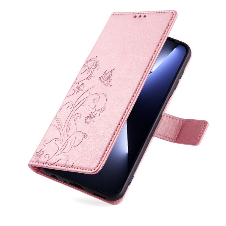 For TECNO Pova 5 Pro 5G Wallet Protective Case PU Leather Butterfly Flower Magnetic Flip Cover - Rose Gold