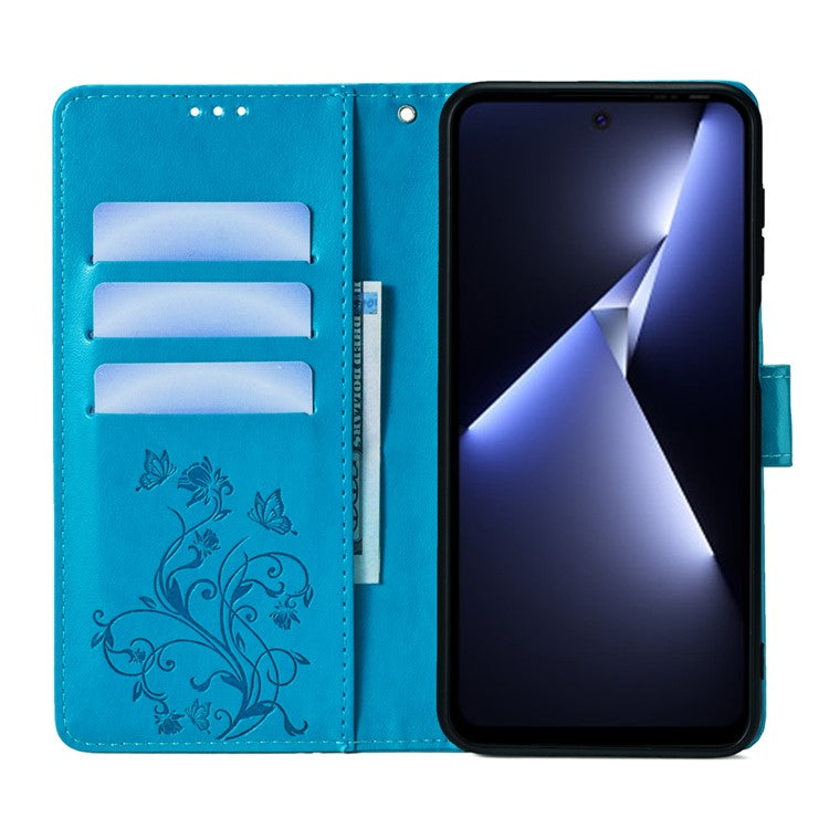 For TECNO Pova 5 Pro 5G Wallet Protective Case PU Leather Butterfly Flower Magnetic Flip Cover - Blue
