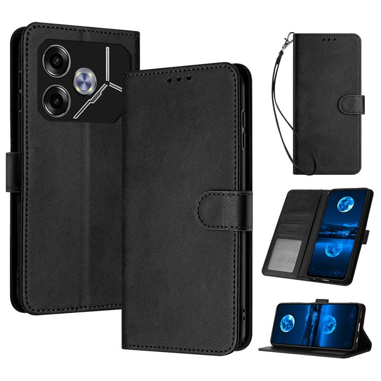 For TECNO Pova 6 5G Case Fall Proof PU Leather Phone Cover with Strap - Black