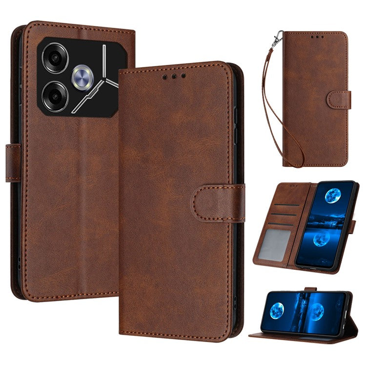 For TECNO Pova 6 5G Case Fall Proof PU Leather Phone Cover with Strap - Brown