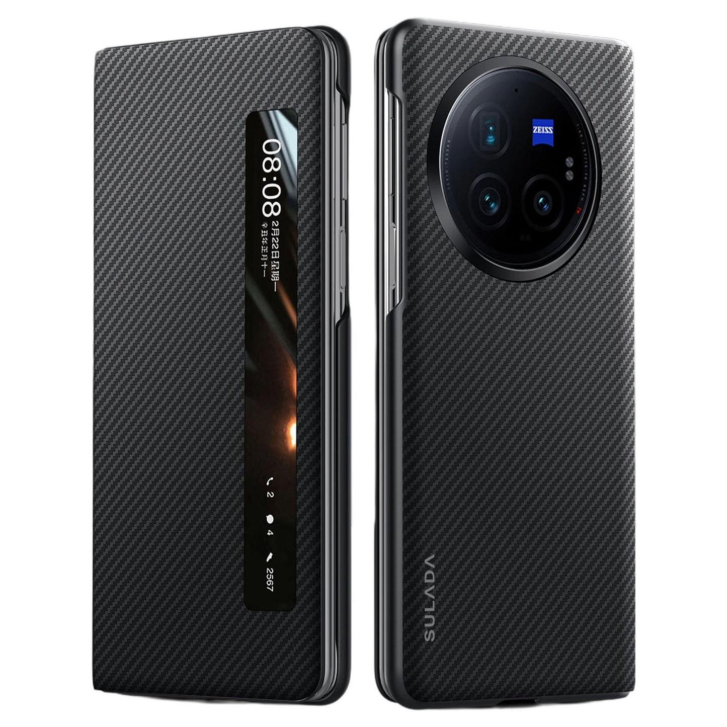 SULADA For vivo X Fold3 Pro Case View Window Leather+PC Back Cover with Wake / Sleep Function - Black