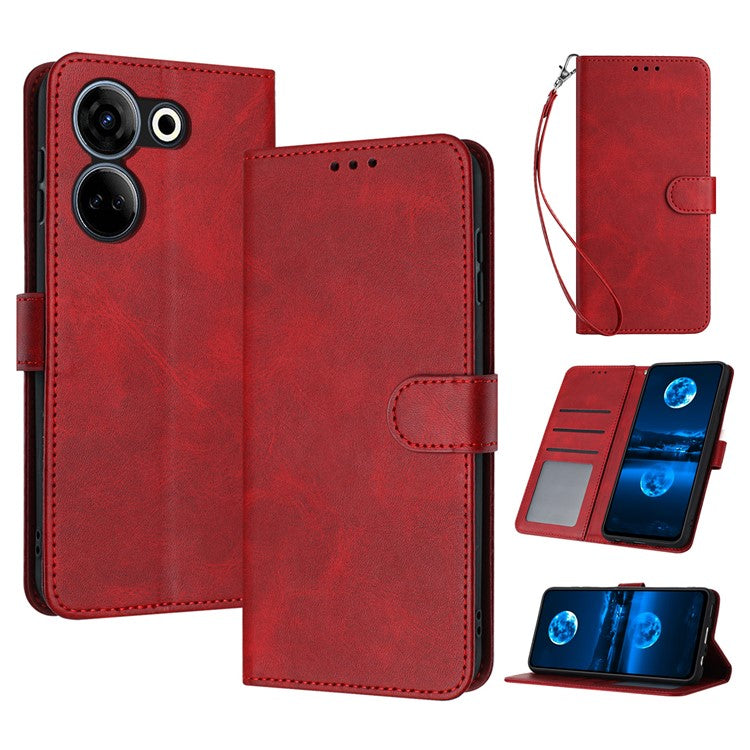 Drop-Proof Case for TECNO Camon 20 4G / Camon 20 Pro 4G PU Leather Phone Cover with Strap - Red