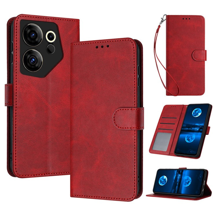 Case for TECNO Camon 20 Premier 5G Folding Stand PU Leather Phone Cover with Strap - Red