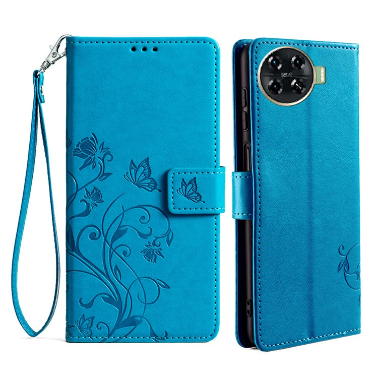 For TECNO Spark 20 Pro+ Case Butterfly Flower Imprinted PU Leather Phone Cover - Blue