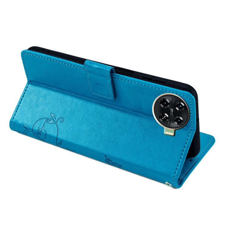 For TECNO Spark 20 Pro+ Case Butterfly Flower Imprinted PU Leather Phone Cover - Blue