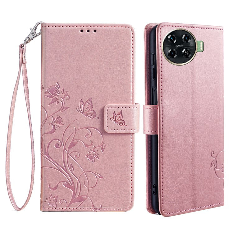 For TECNO Spark 20 Pro+ Case Butterfly Flower Imprinted PU Leather Phone Cover - Rose Gold