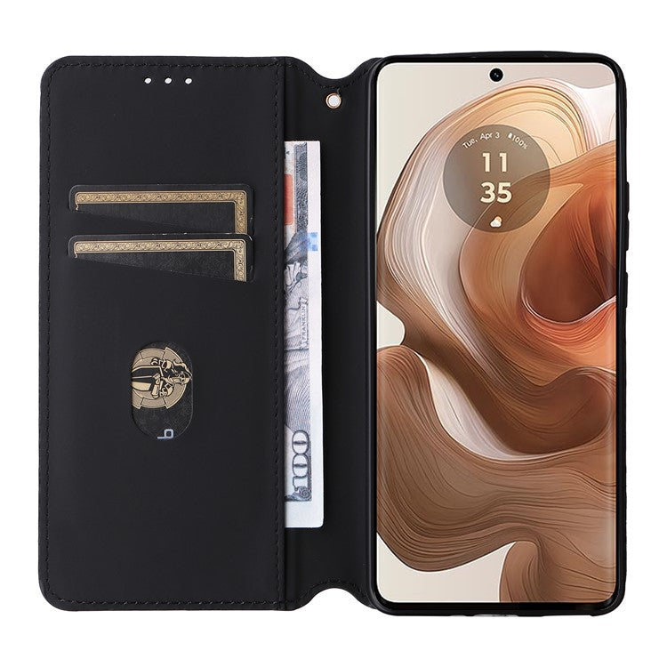 For Motorola Edge 50 Ultra 5G / Moto X50 Ultra 5G Magnetic Phone Case Rhombus Imprinted Wallet Card Holder Cover - Black