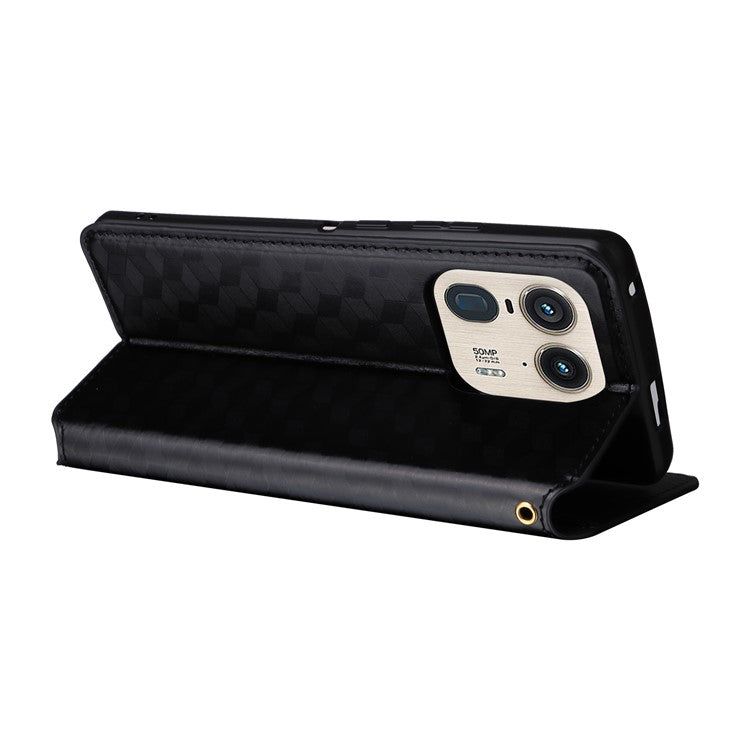 For Motorola Edge 50 Ultra 5G / Moto X50 Ultra 5G Magnetic Phone Case Rhombus Imprinted Wallet Card Holder Cover - Black