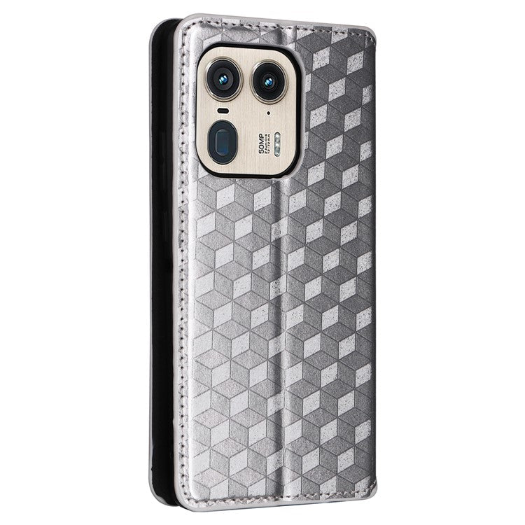 For Motorola Edge 50 Ultra 5G / Moto X50 Ultra 5G Magnetic Phone Case Rhombus Imprinted Wallet Card Holder Cover - Silver