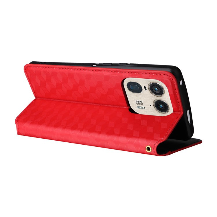 For Motorola Edge 50 Ultra 5G / Moto X50 Ultra 5G Magnetic Phone Case Rhombus Imprinted Wallet Card Holder Cover - Red