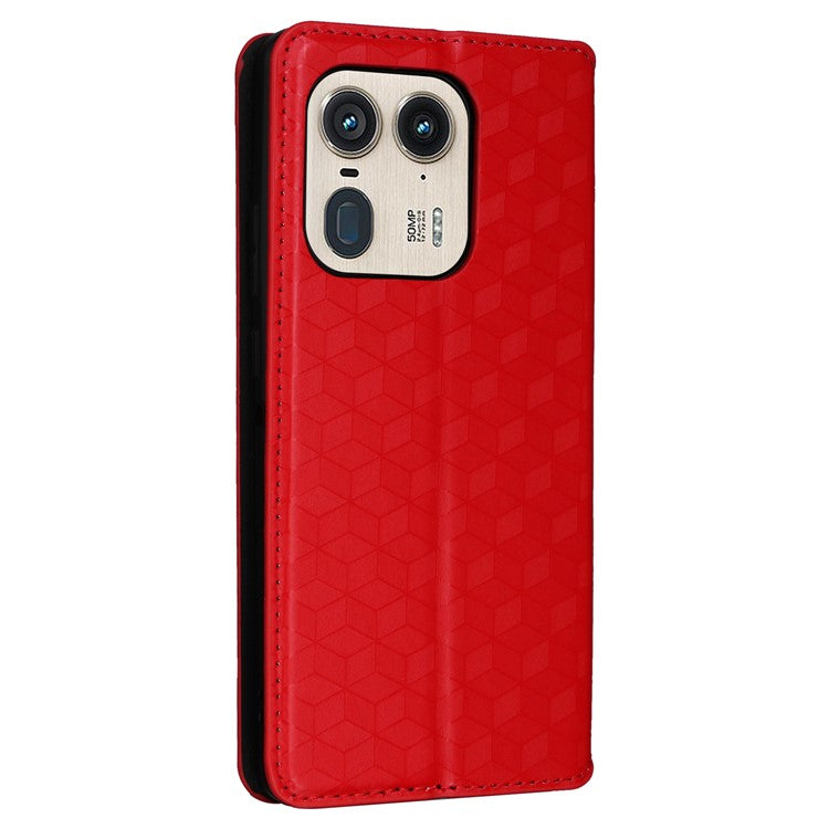 For Motorola Edge 50 Ultra 5G / Moto X50 Ultra 5G Magnetic Phone Case Rhombus Imprinted Wallet Card Holder Cover - Red