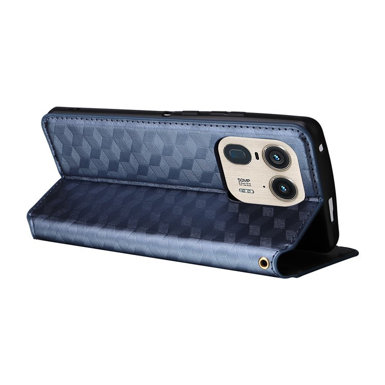 For Motorola Edge 50 Ultra 5G / Moto X50 Ultra 5G Magnetic Phone Case Rhombus Imprinted Wallet Card Holder Cover - Blue