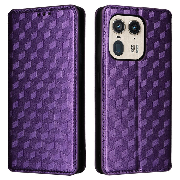 For Motorola Edge 50 Ultra 5G / Moto X50 Ultra 5G Magnetic Phone Case Rhombus Imprinted Wallet Card Holder Cover - Purple