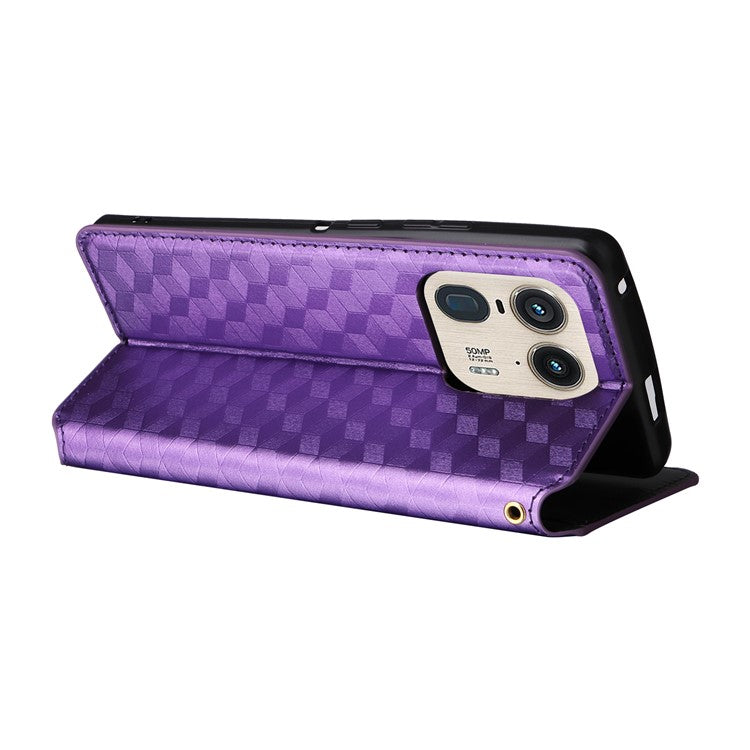 For Motorola Edge 50 Ultra 5G / Moto X50 Ultra 5G Magnetic Phone Case Rhombus Imprinted Wallet Card Holder Cover - Purple